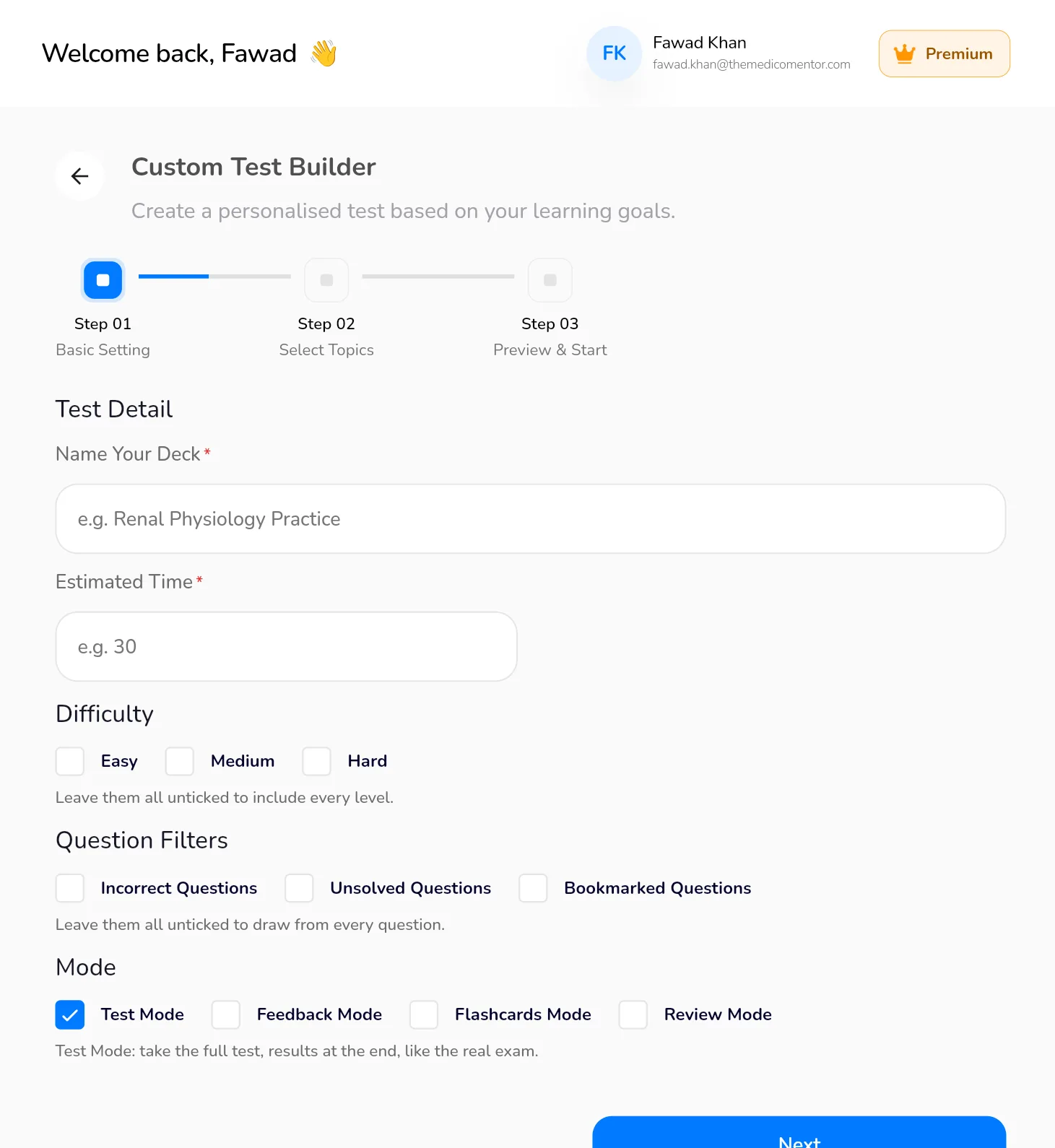 Custom test builder screen